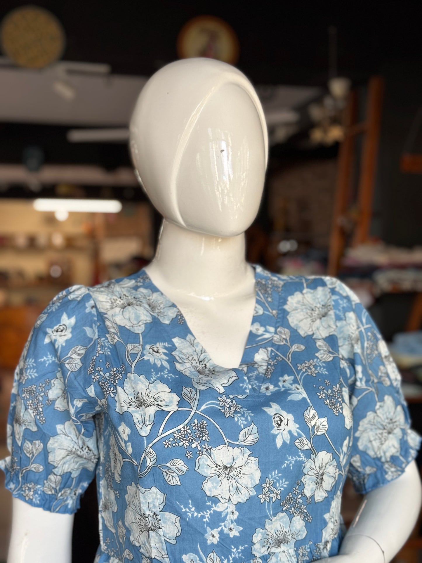 Short printed tiered V neck cotton dress with elastic sleeves