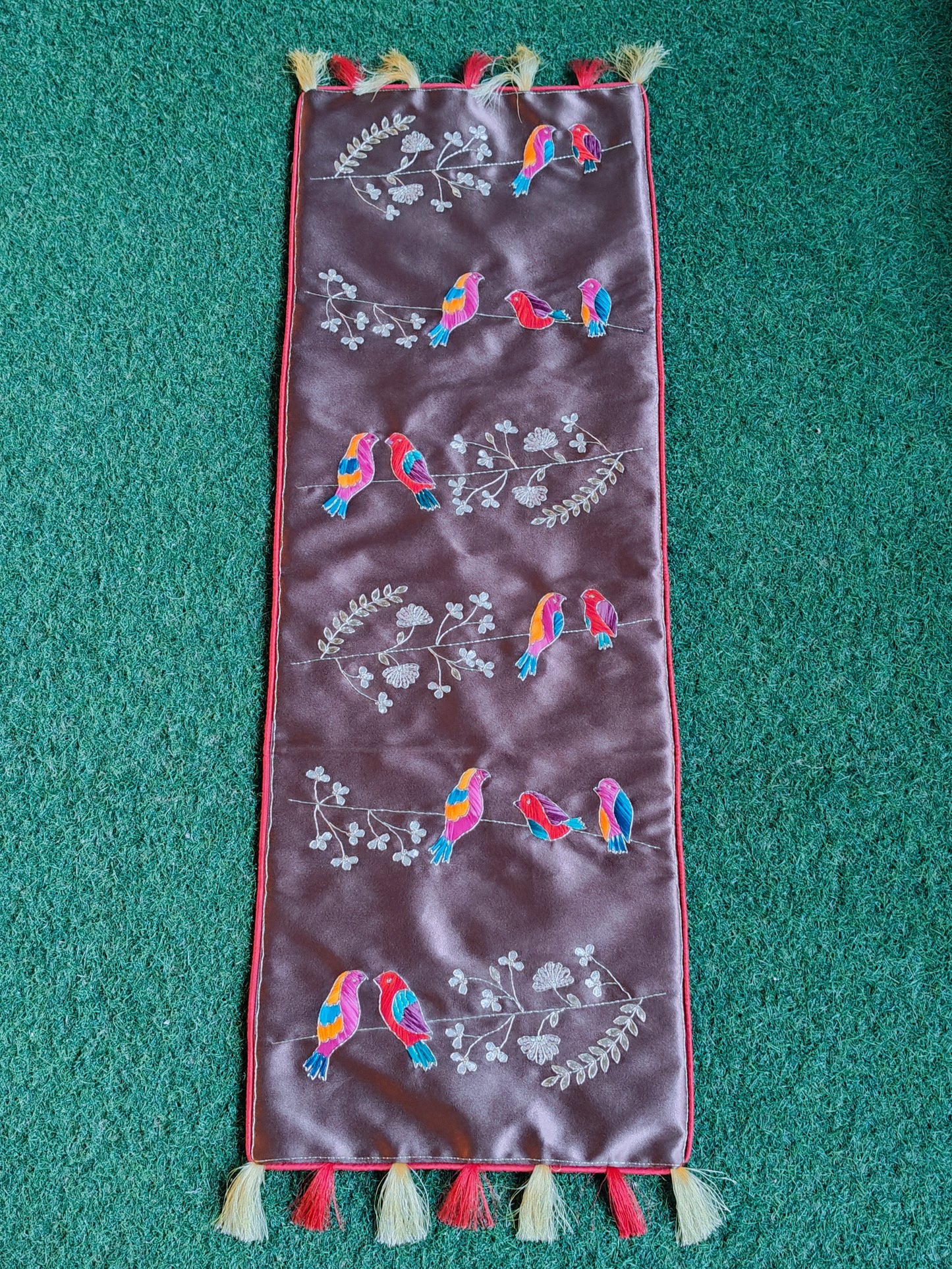 Hand embroidered table runner with zardosi, gota work and colorful birds