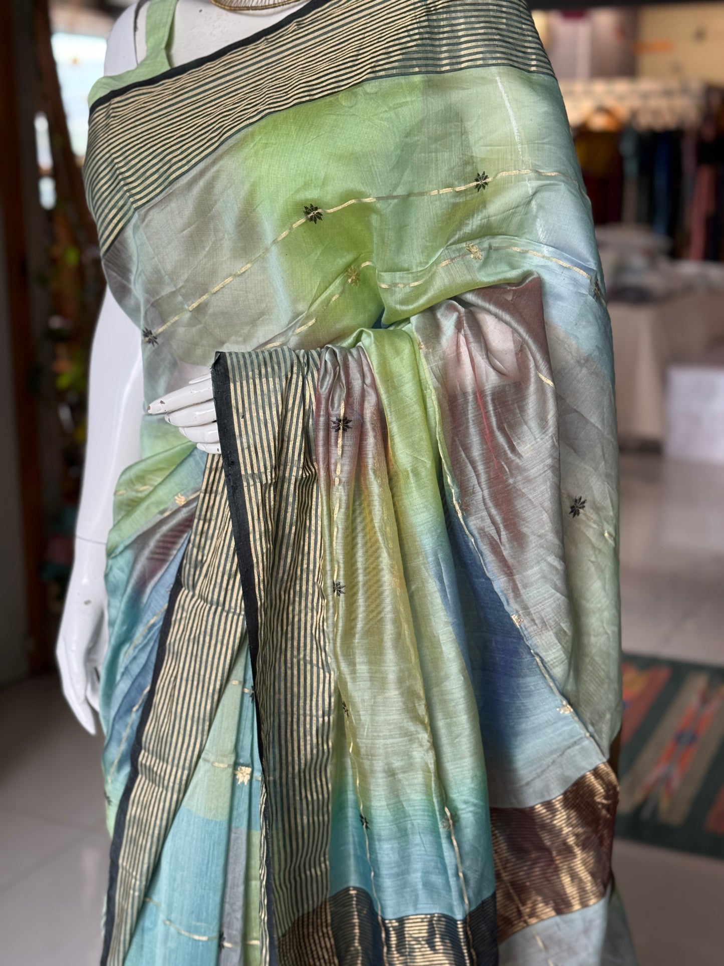 Multi color star buti stripes silk cotton Maheshwari handloom saree