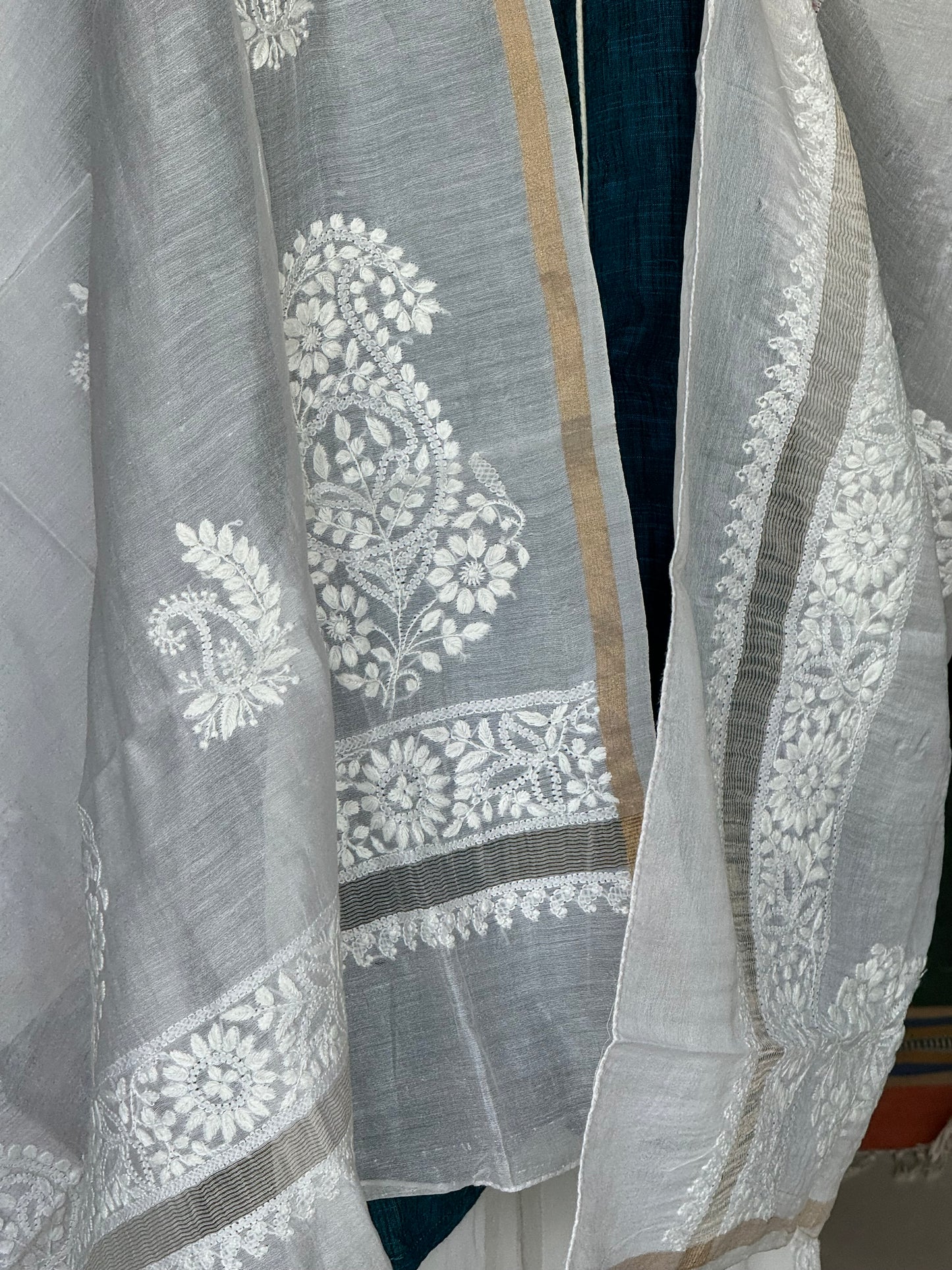 Chikankari hand embroidered Chanderi dupatta