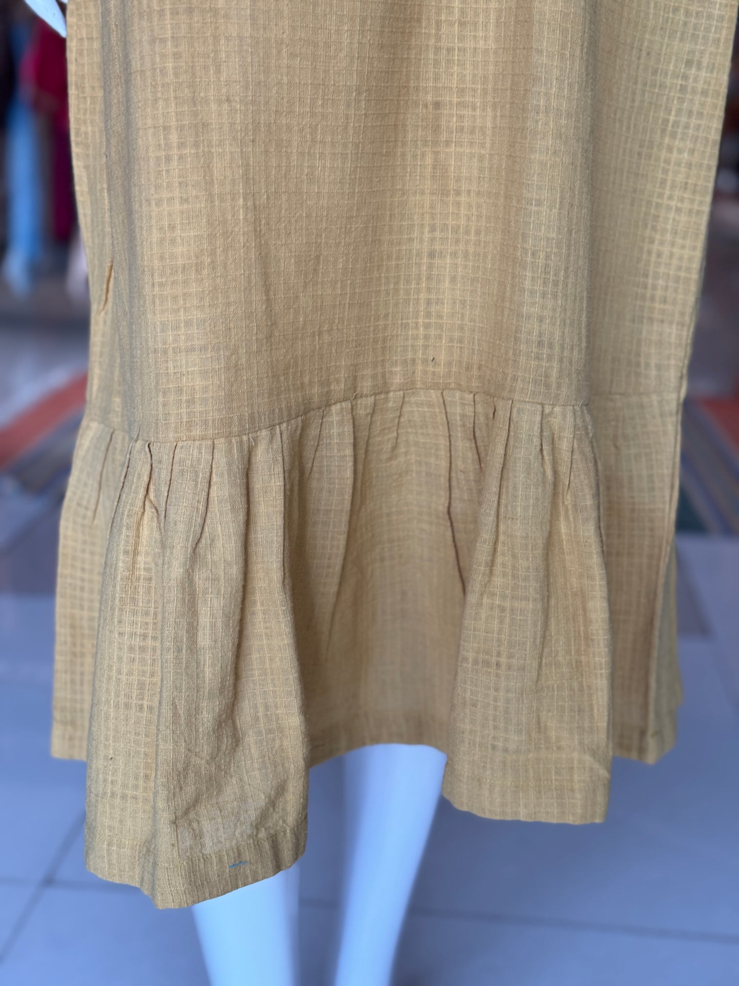 Yellow natural dyed , hand woven, textured organic cotton dress