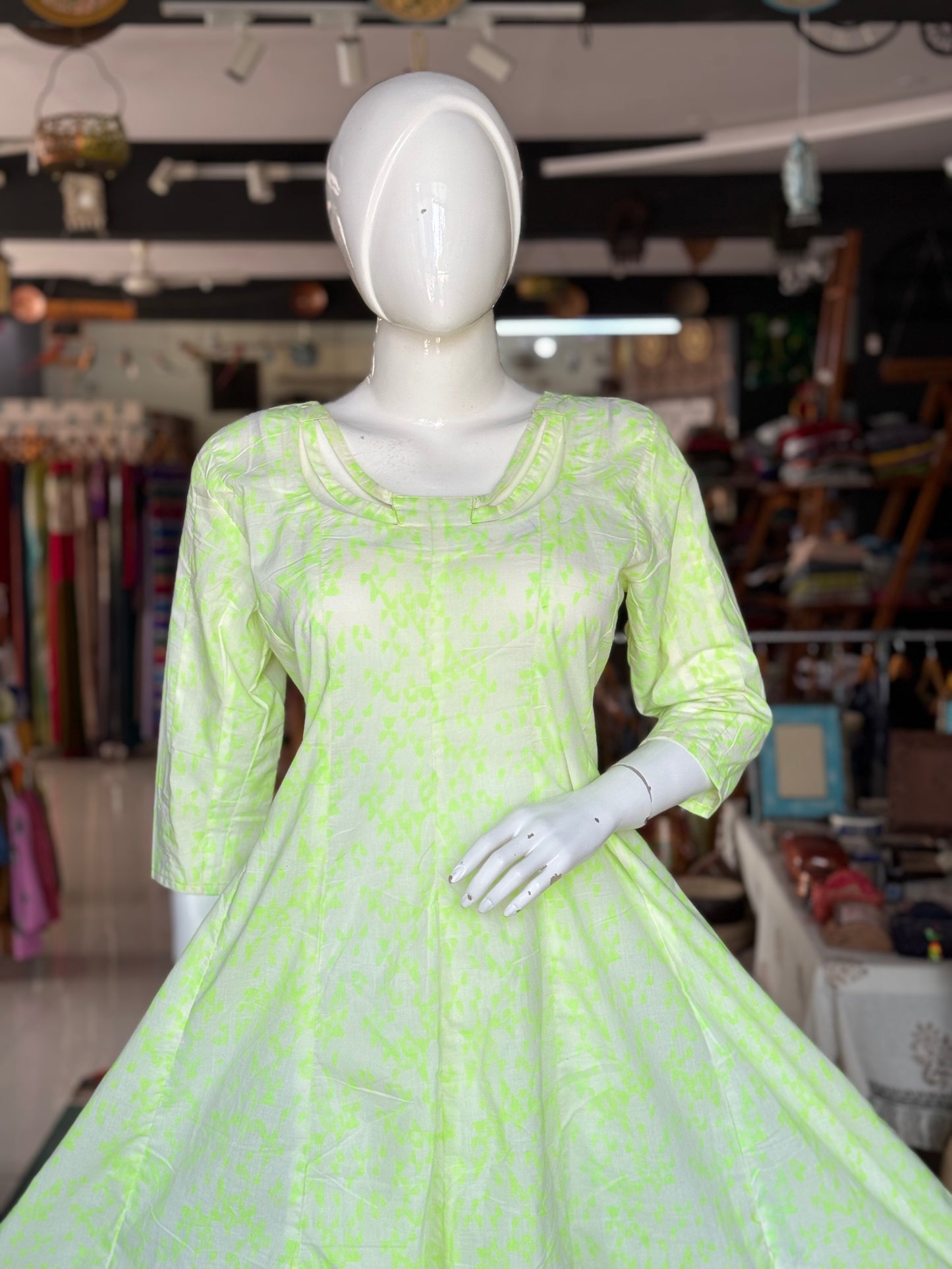 Green geometric hand block printed cotton dress with neck detailing