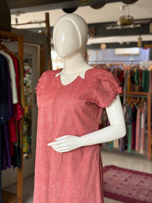 Maroon stripes handwoven cotton straight kurti with fancy neckline and sleeves