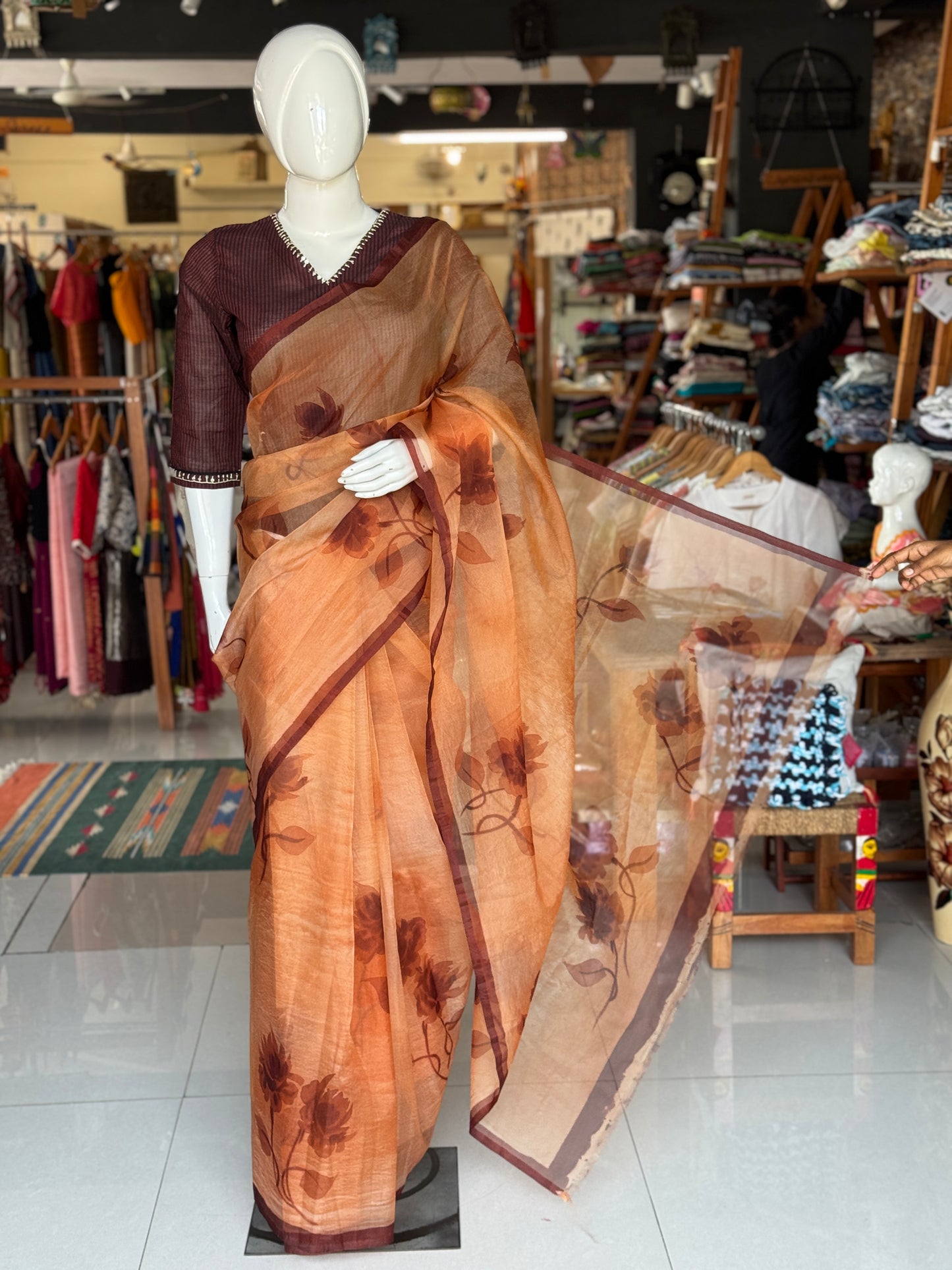 Peach brown hand painted organza saree