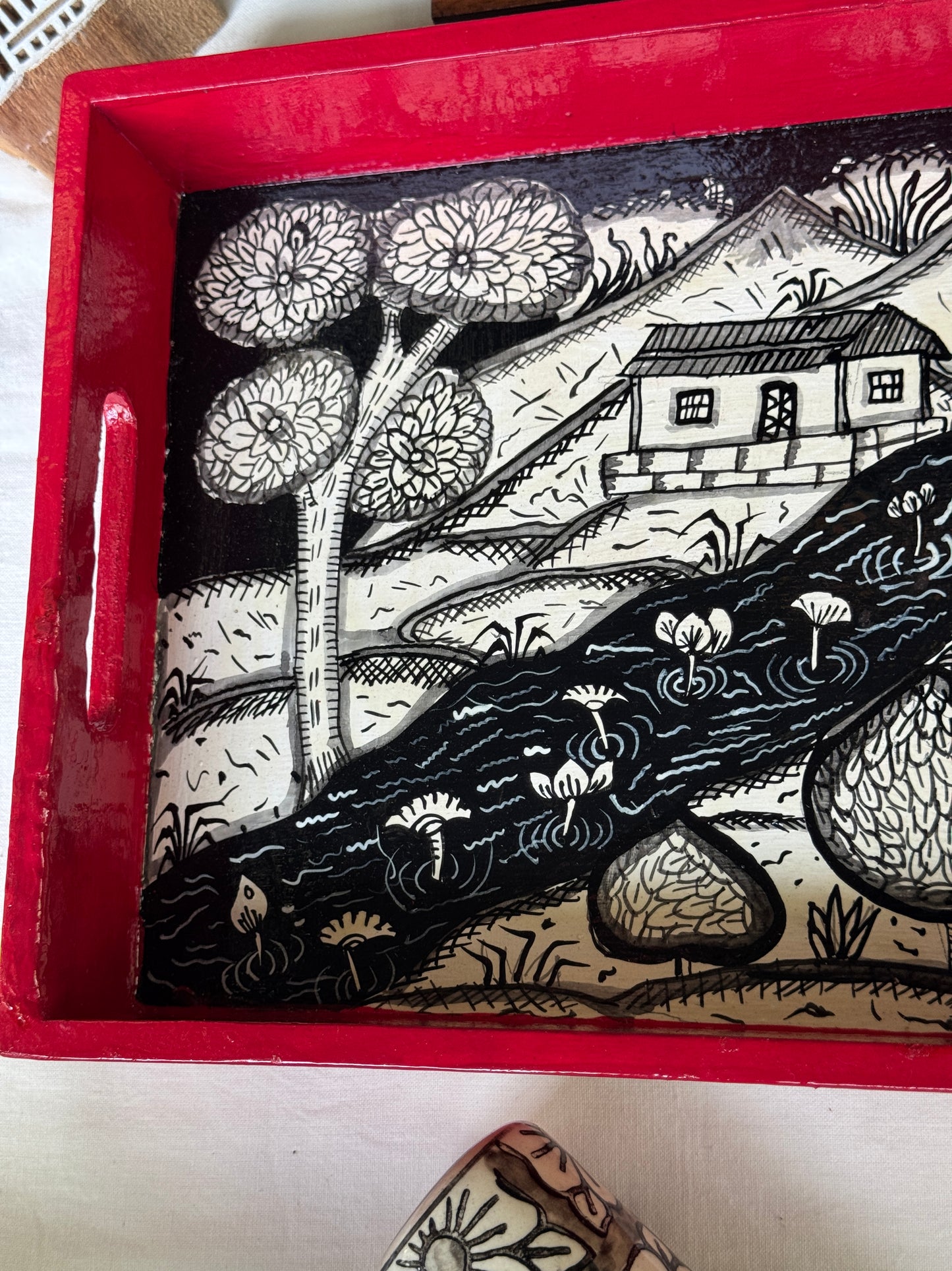 Patachitra wooden hand painted tray - red, black n white