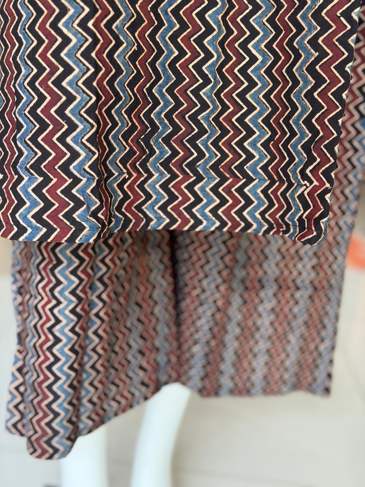Ajrakh zigzag lines cotton spaghetti straps long kurta and pants coord set
