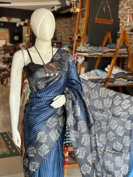 Blue light weight fabric neckpiece with tribal hand embroidery, mirrors and coins