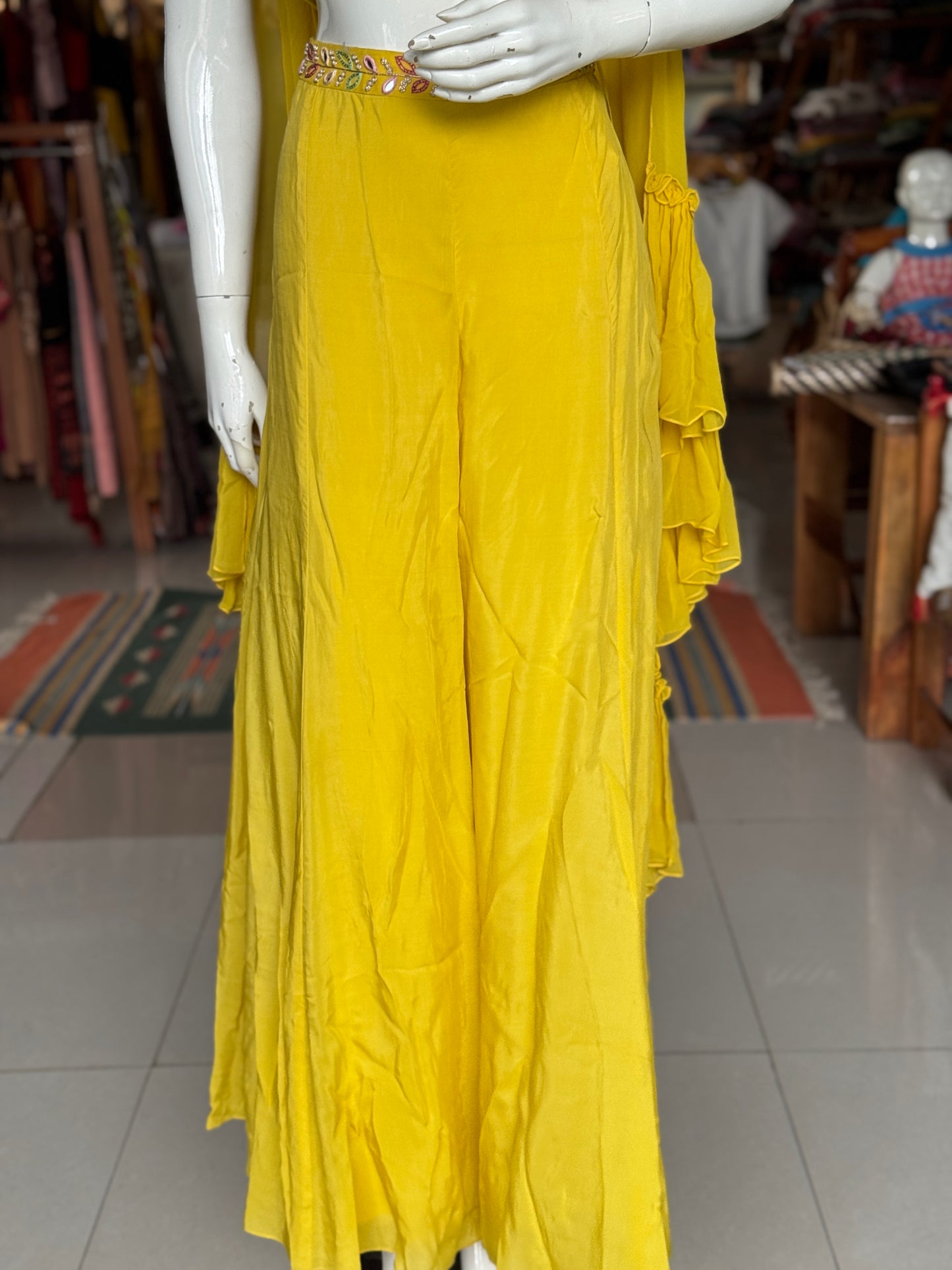 Yellow hand embroidered georgette blouse top, satin plazo and georgette ruffles dupatta - 3 piece set