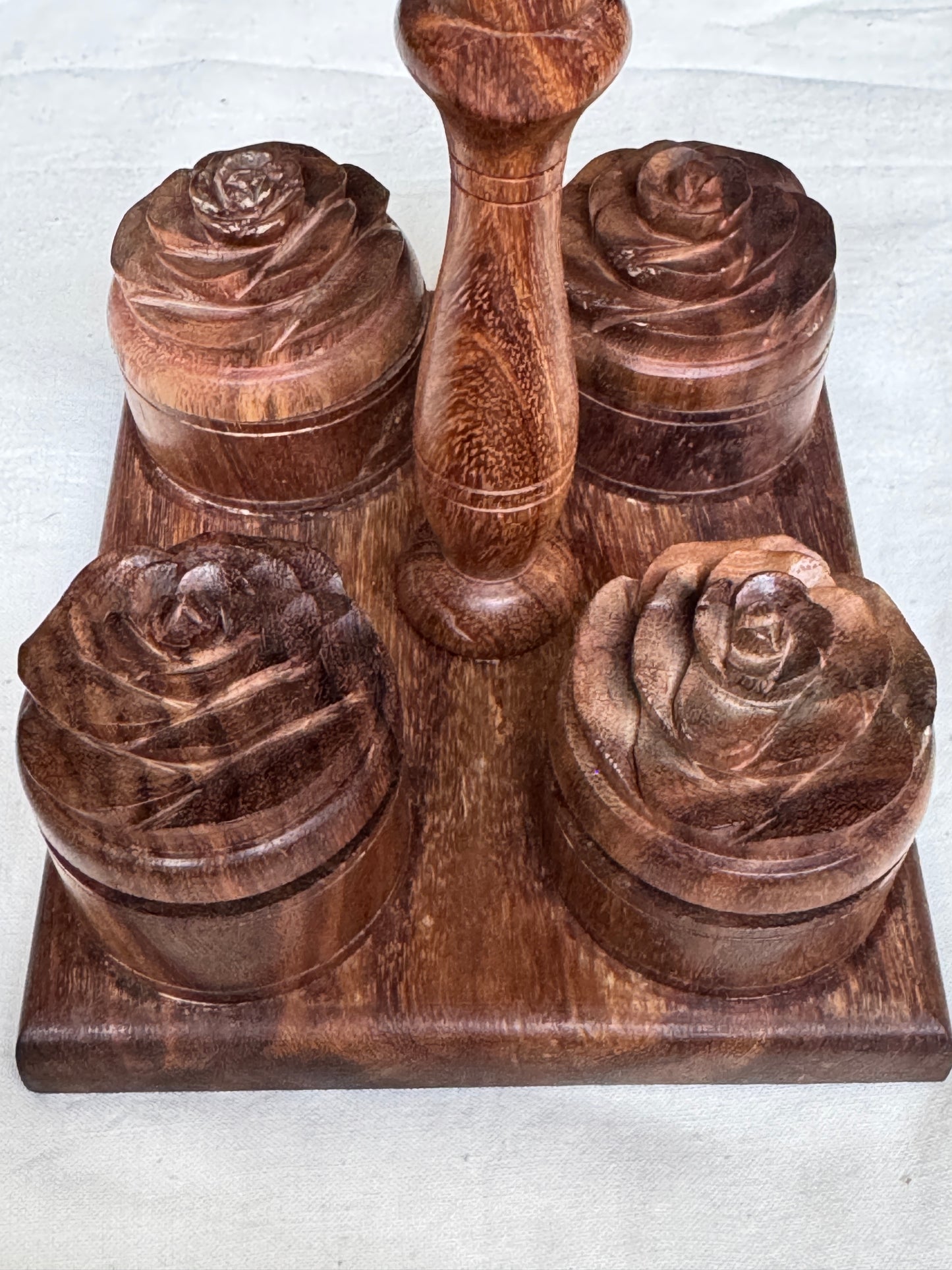 Carry pooja essentials together - handcrafted wood small haldi kumkum chandan akshat boxes with rose on top - with handle and attached to base