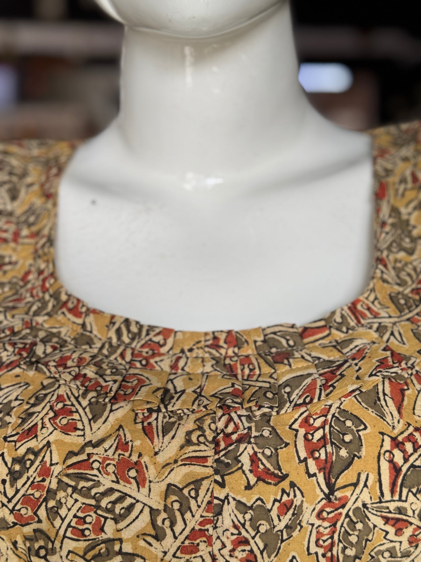 Kalamkari hand block printed cotton straight kurti with fancy neckline
