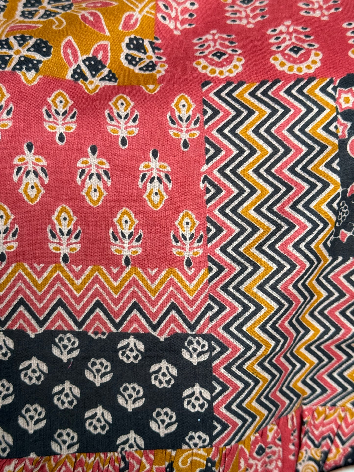 Patch work look hand block printed cotton coord set with noodles strap tie up top and pants