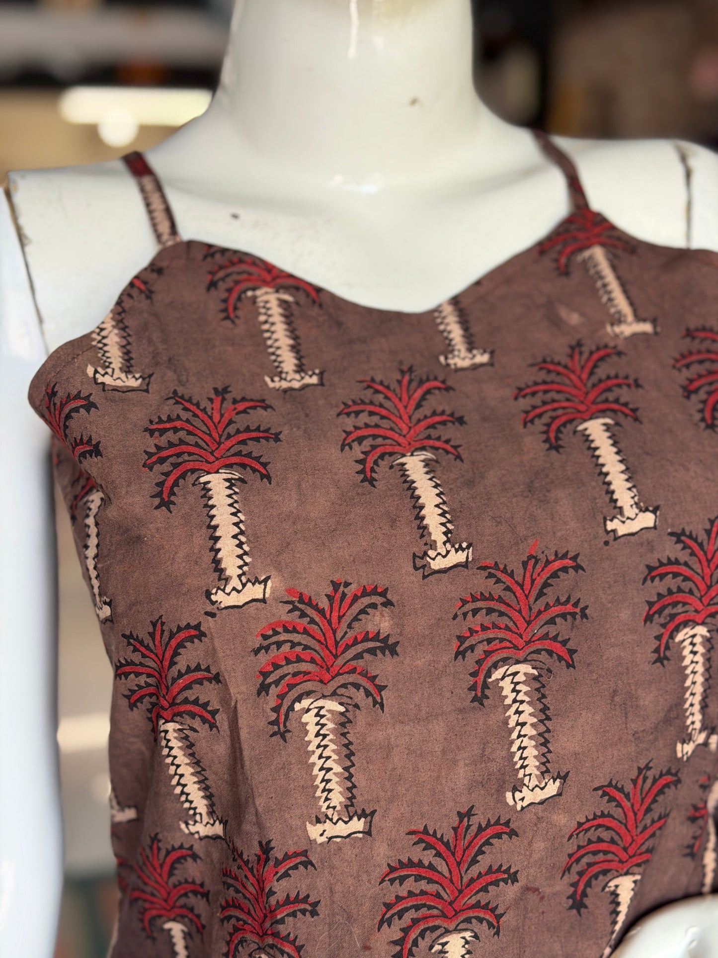 Brown tree hand block printed cotton short spaghetti top