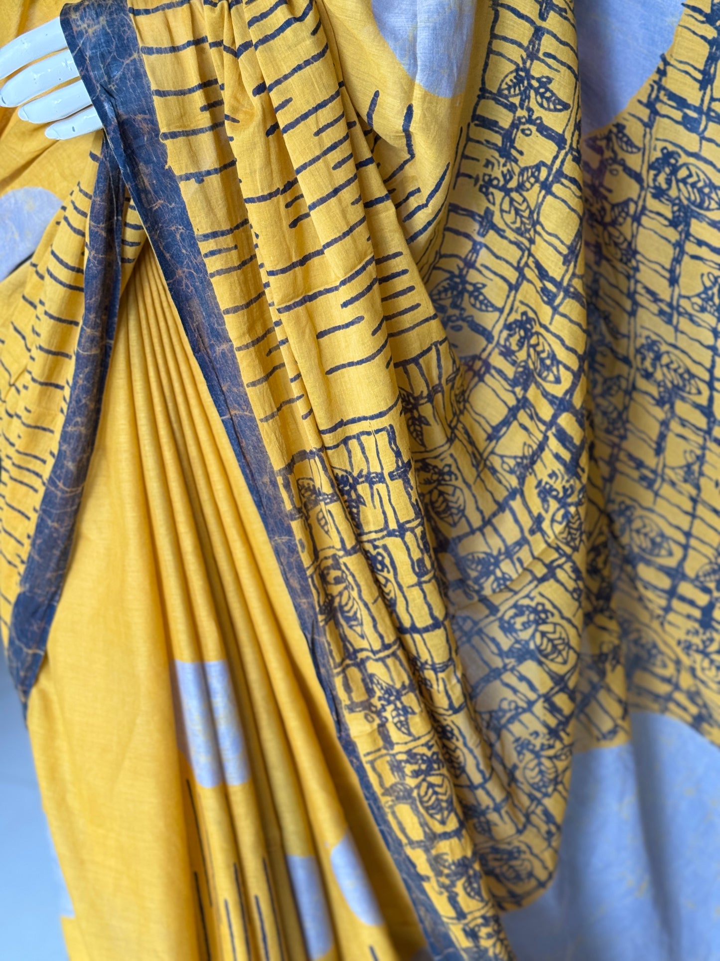 Batik soft cotton saree in yellow, grey