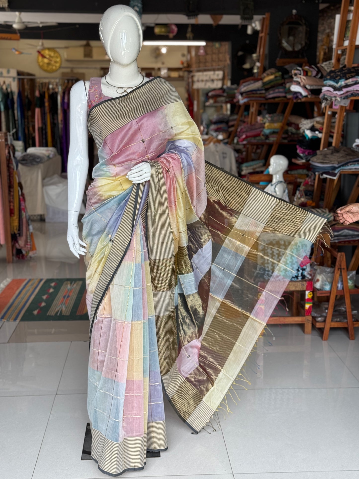 Multi color star buti stripes silk cotton Maheshwari handloom saree