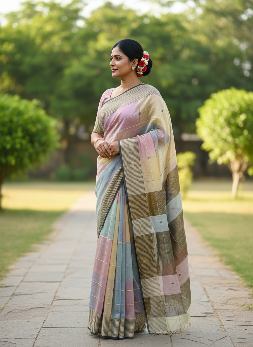 Multi color star buti stripes silk cotton Maheshwari handloom saree