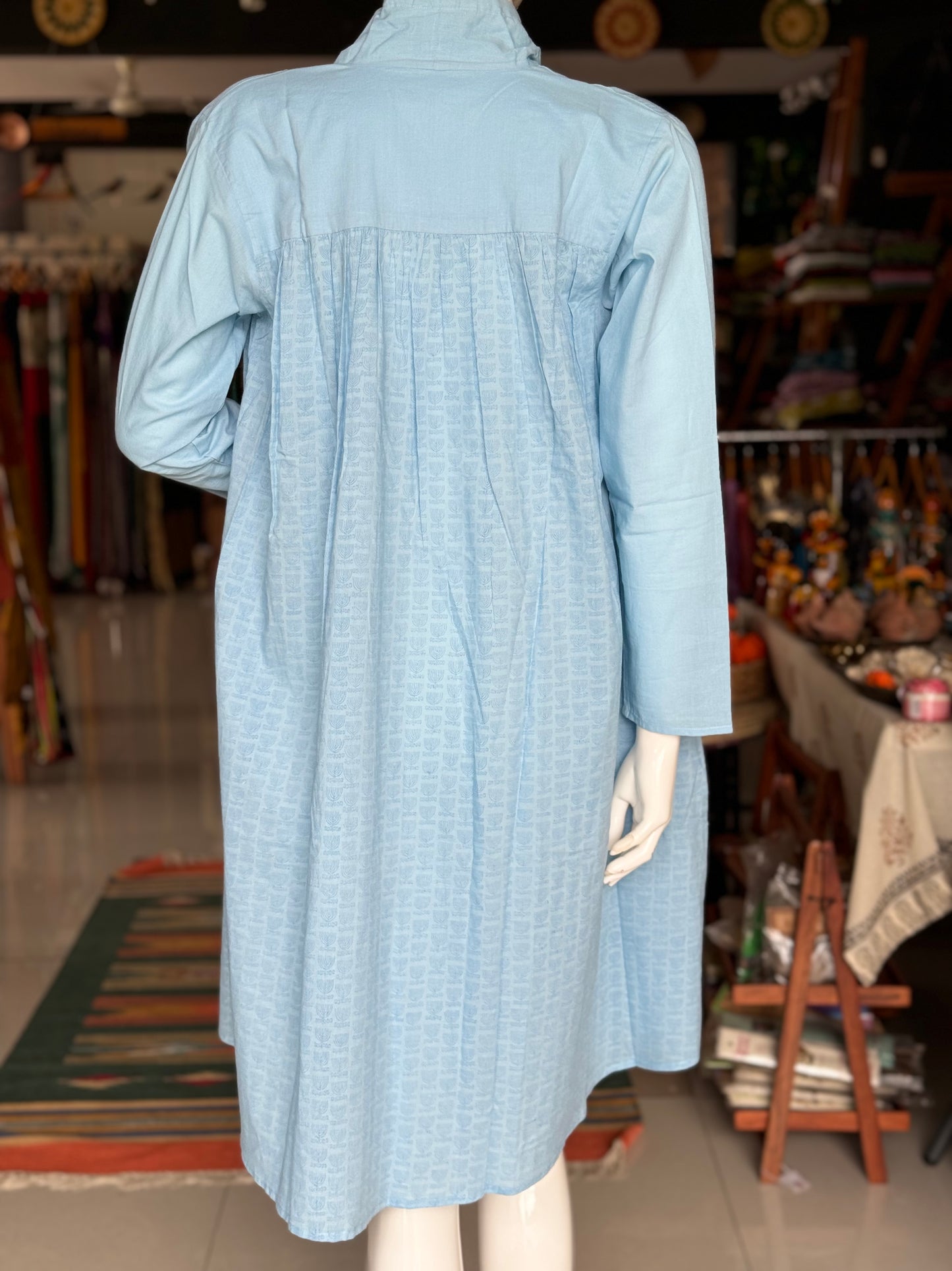 Light blue relaxed fit cotton dress - self design hand block printed