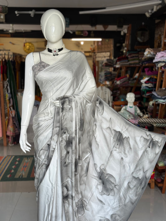 Shades of grey - floral design water colors hand painted soft n flowy modal saree