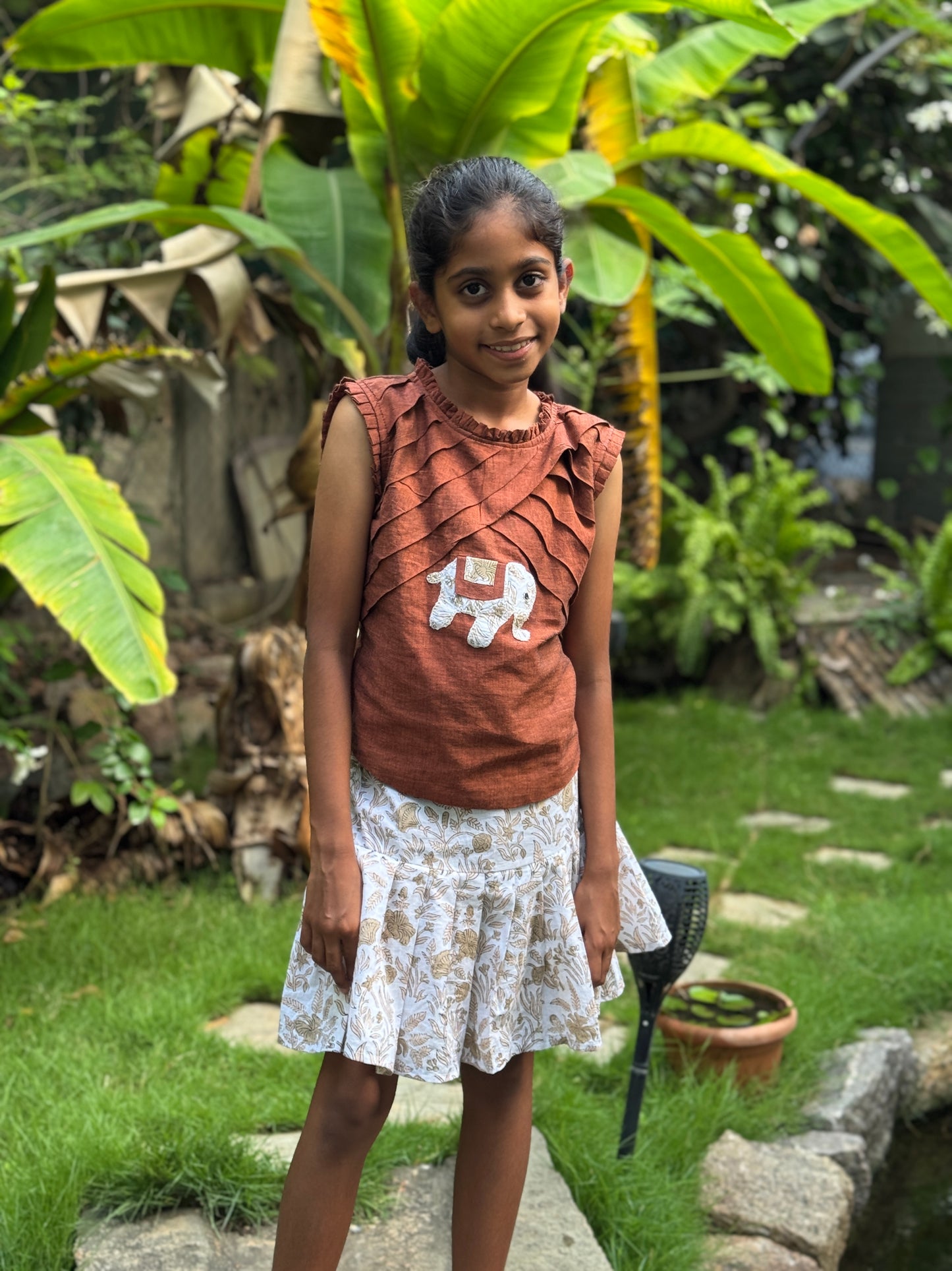 White n Brown hand block printed cotton skirt with inner shorts attached for little girls