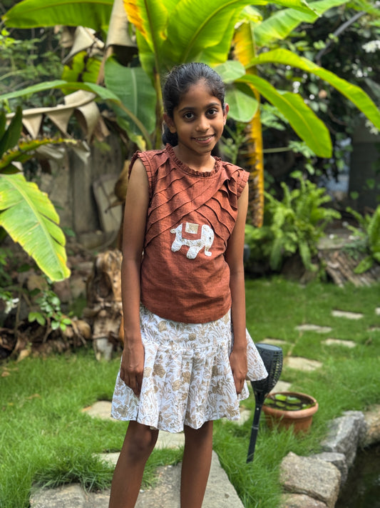 White n Brown hand block printed cotton skirt with inner shorts attached for little girls