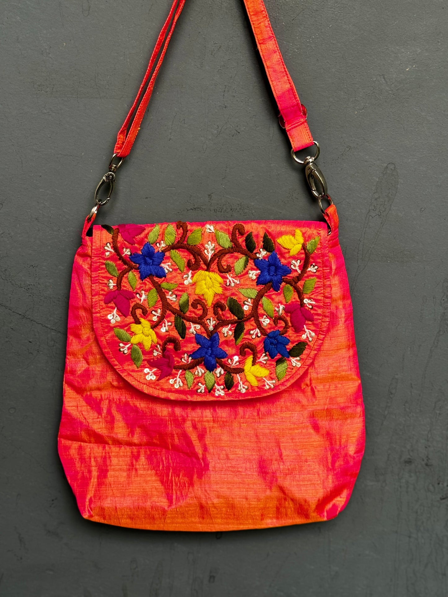 Light weight fabric bag with colourful hand embroidery - adjustable length sling bag