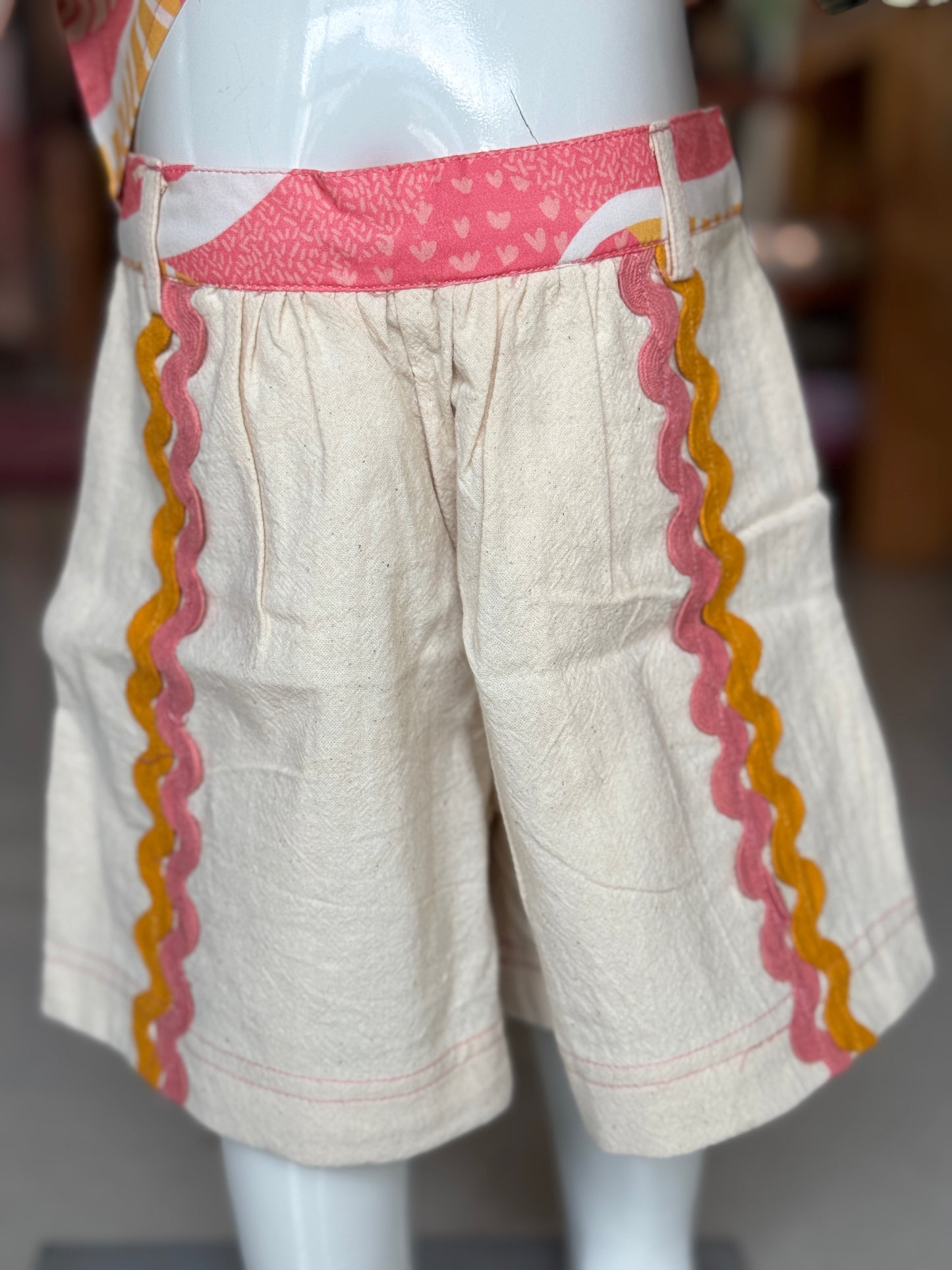 Pink and yellow cotton digital printed tunic top with wavy lace shorts in cotton