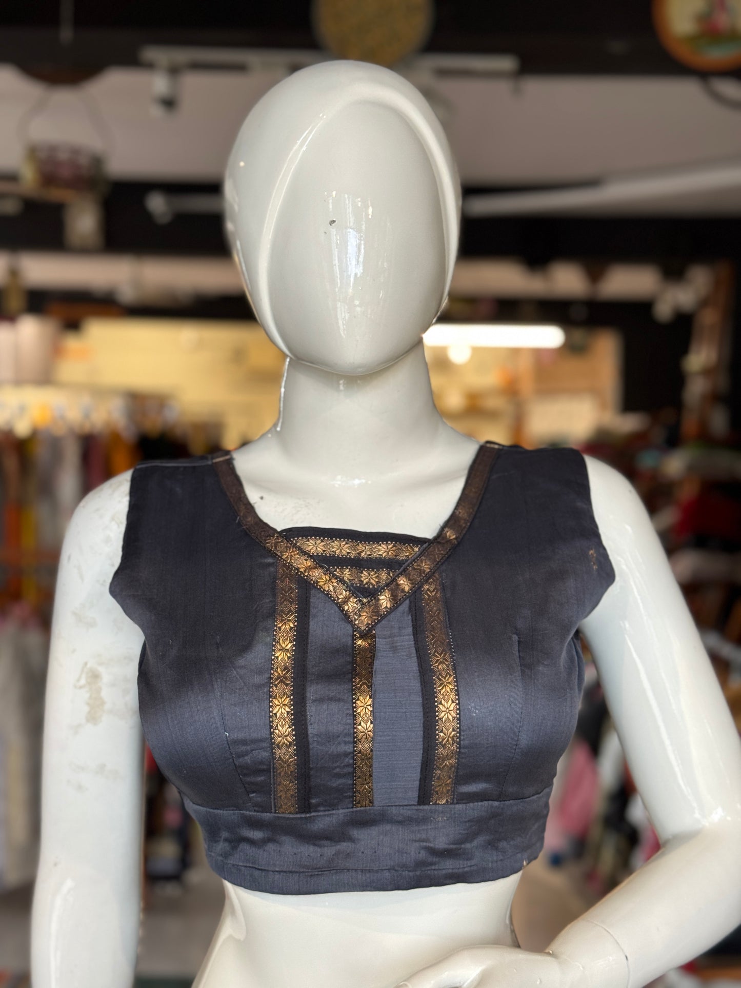 Grey Maheshwari handloom silk cotton sleeveless blouse with stars zari lace border