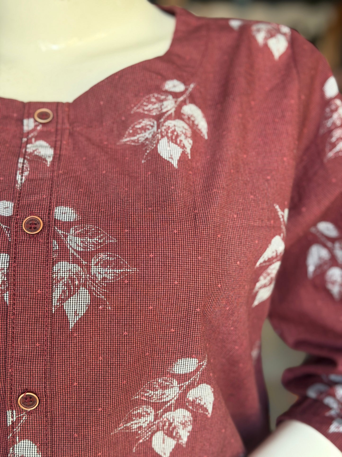 Maroon leaves print cotton top with front button detailing