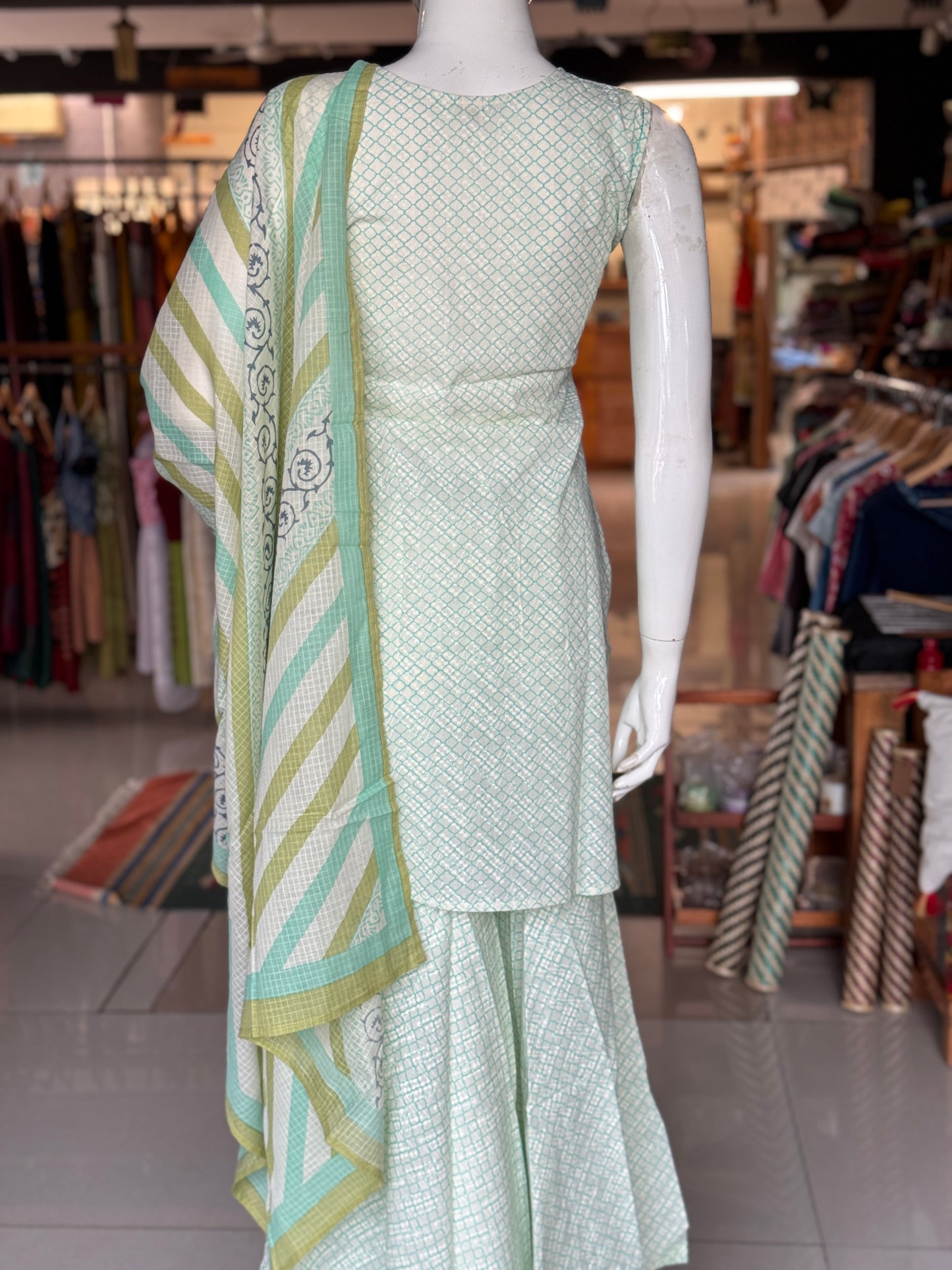 Green n white cotton short kurti, sharara pants and dupatta - 3 piece hand block printed set