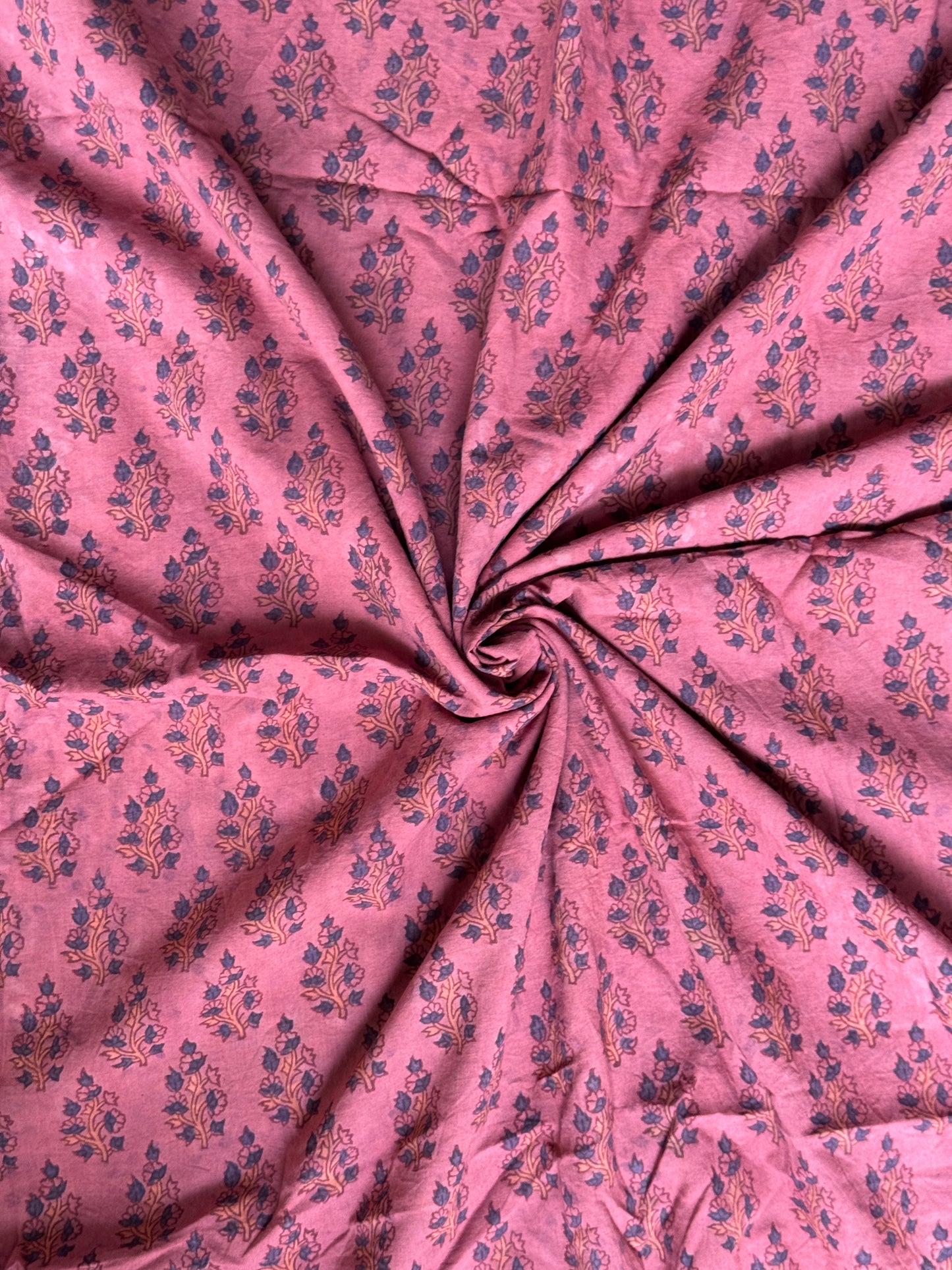Ajrakh hand block printed pink cotton fabric - small floral butis