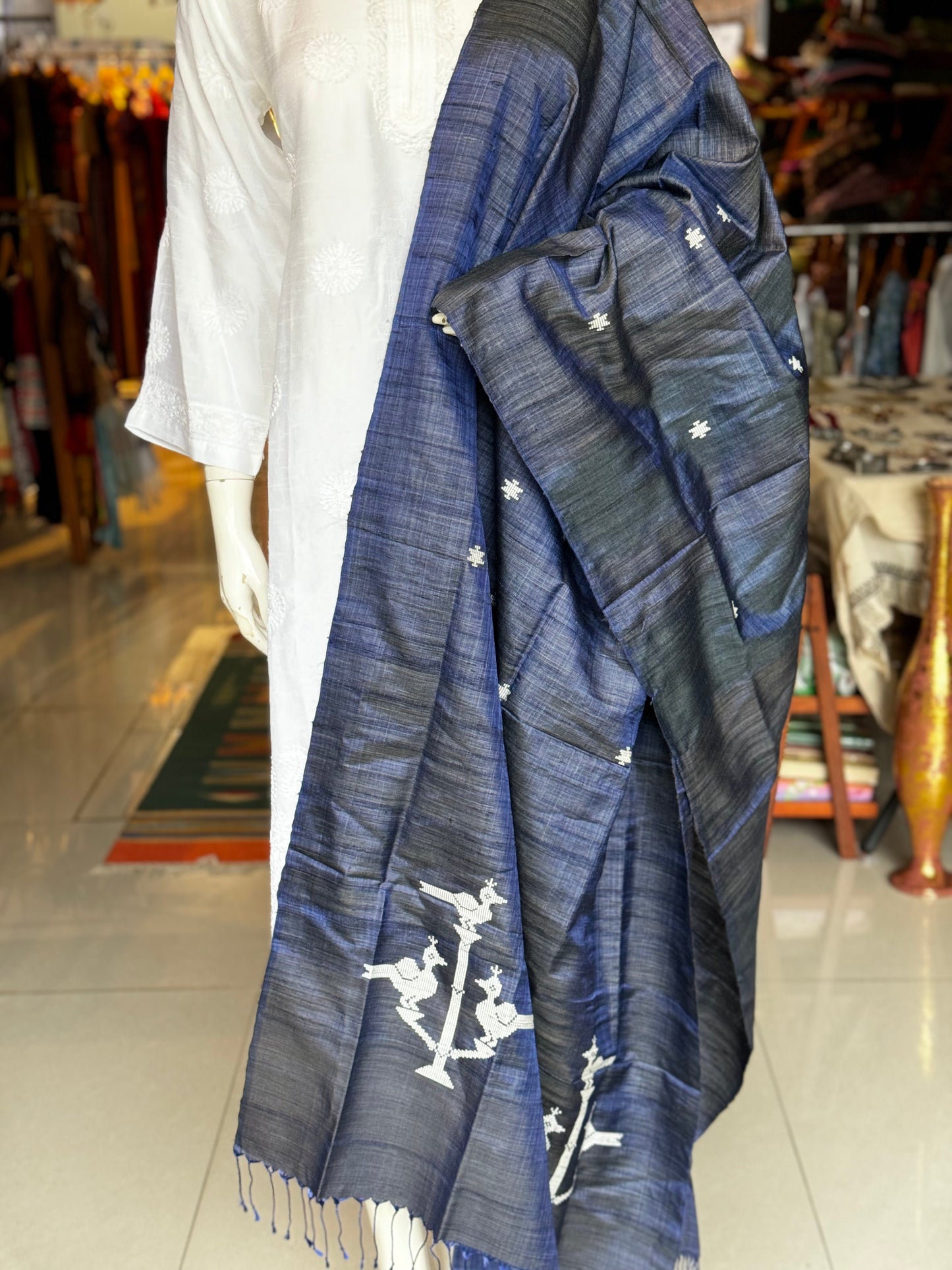 Birds on trees - hand woven pure tussar silk x mulberry silk dupatta with extra weft motifs