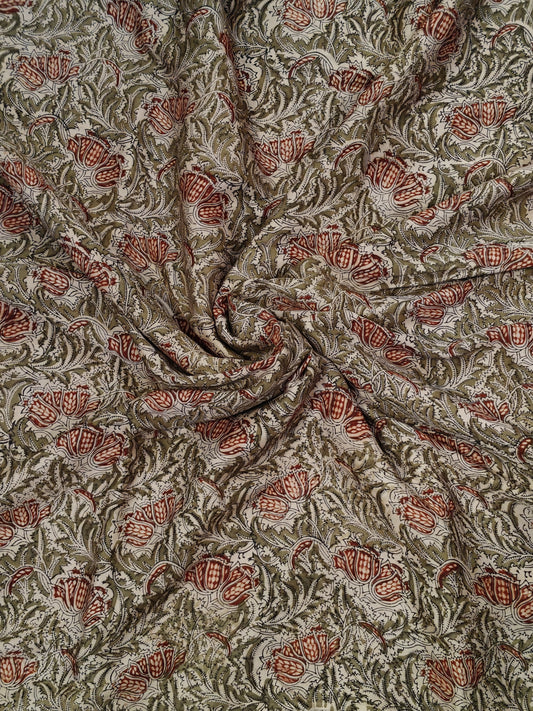 Olive green leaves with red flower buds - hand block printed natural dyed Kalamkari cotton satin fabric