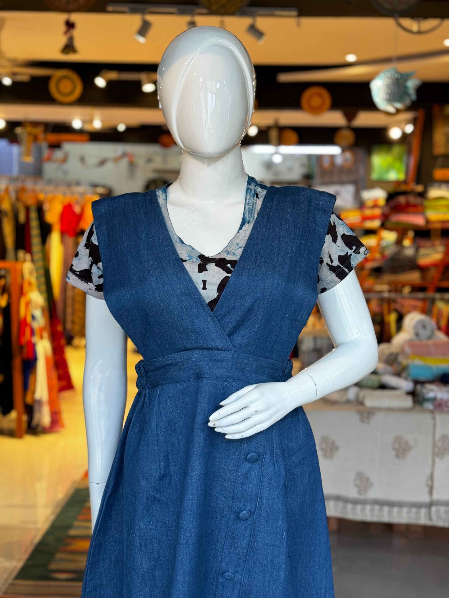 Denim pinafore dress in handloom natural dyed cotton