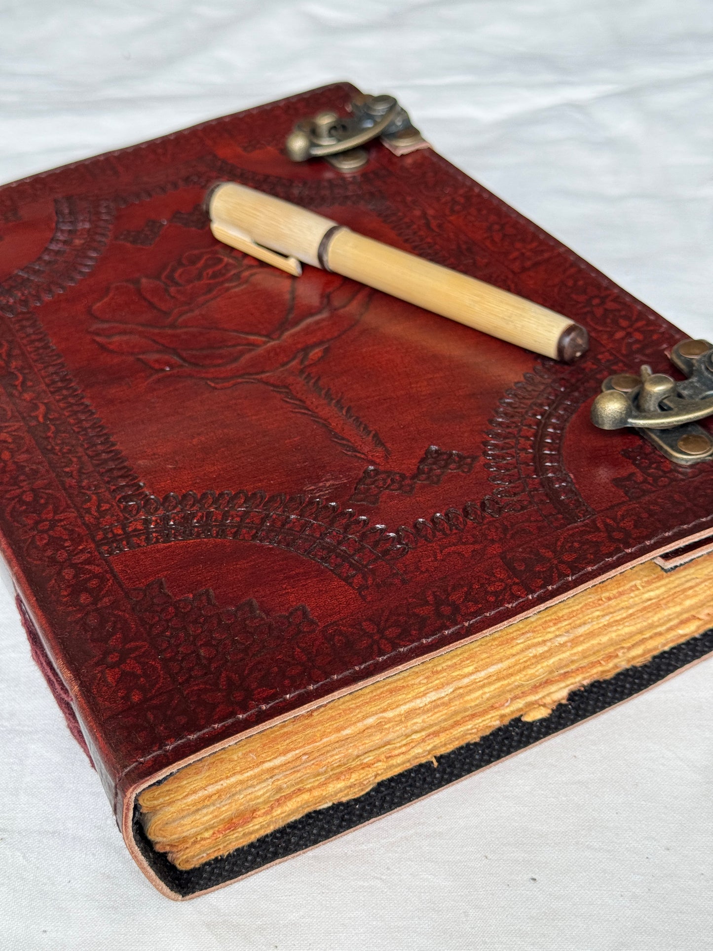 Deckle edged Leather embossed handcrafted notebook with thick handmade papers - 10 x 7 in