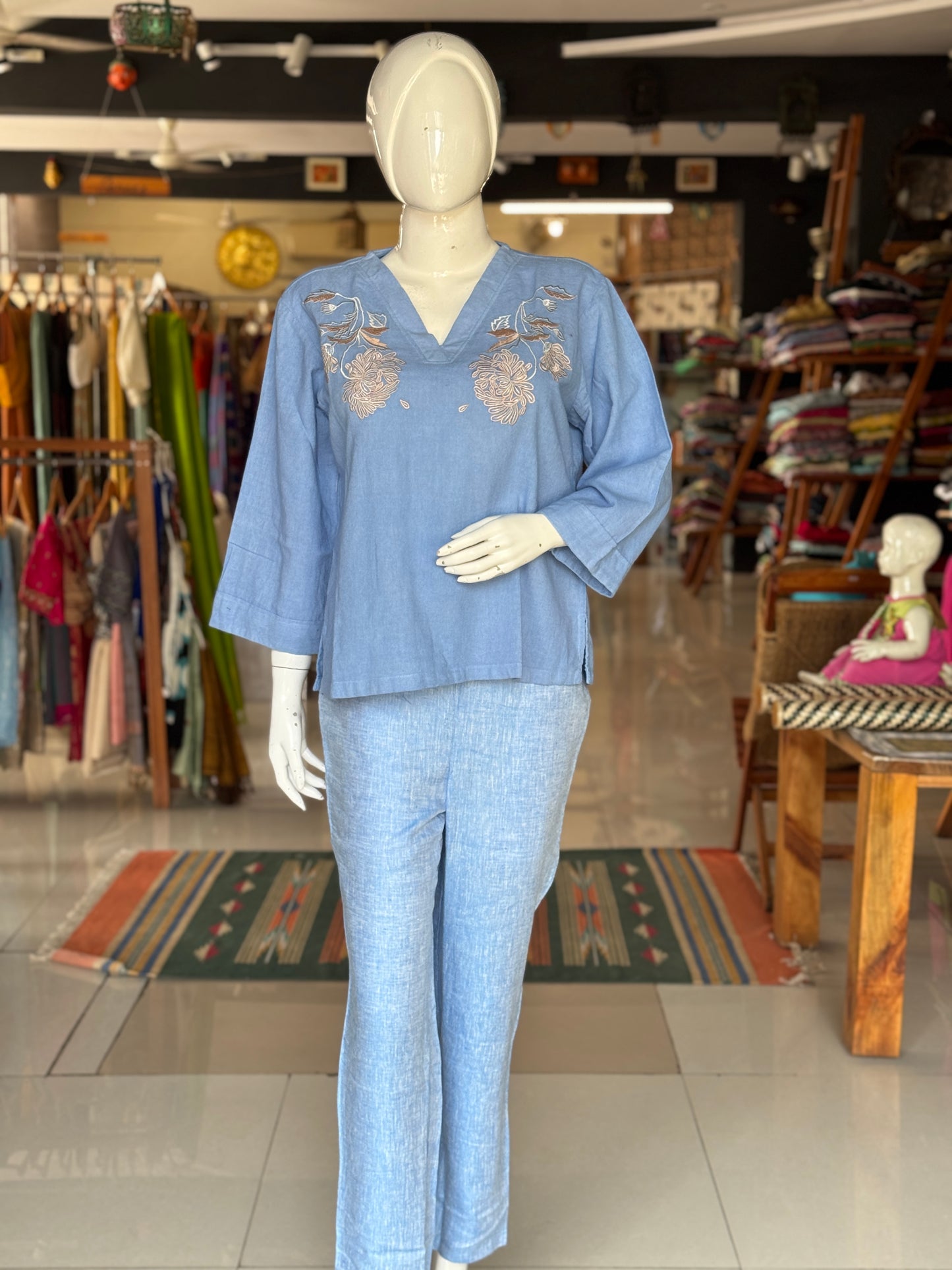Pastel blue embroidered flex cotton top for women