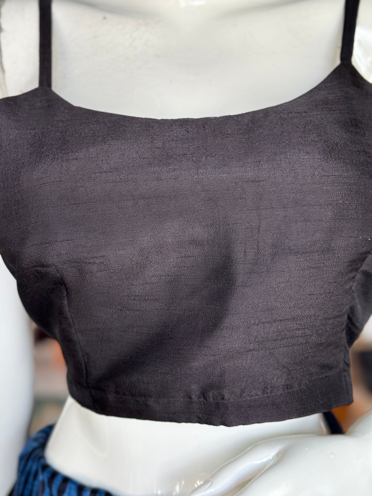 Black plain spaghetti straps sleeveless back open silk blouse