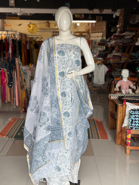 White n blue hand block printed cotton 3 piece unstitched suit set with kota doria dupatta