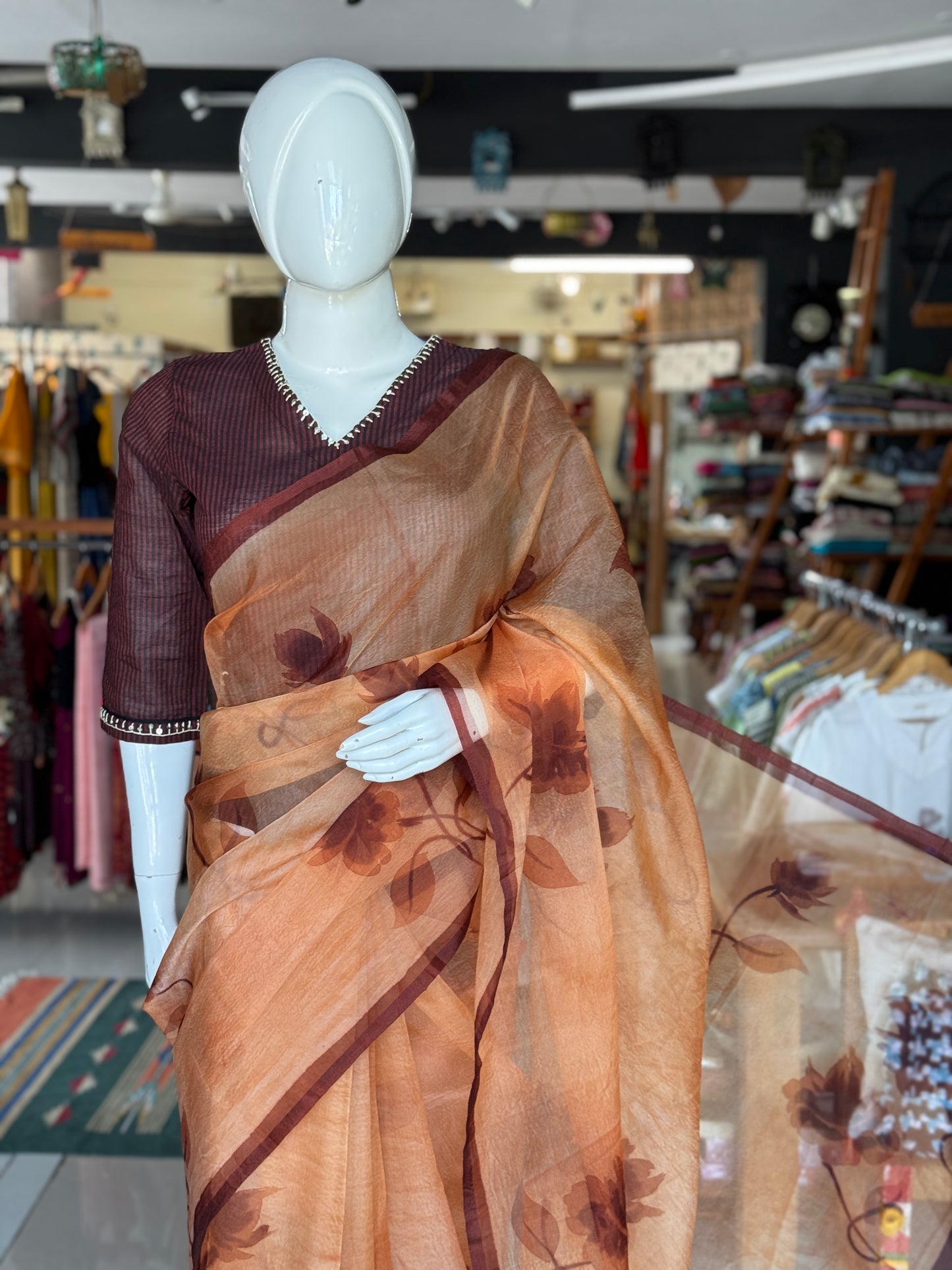 Peach brown hand painted organza saree