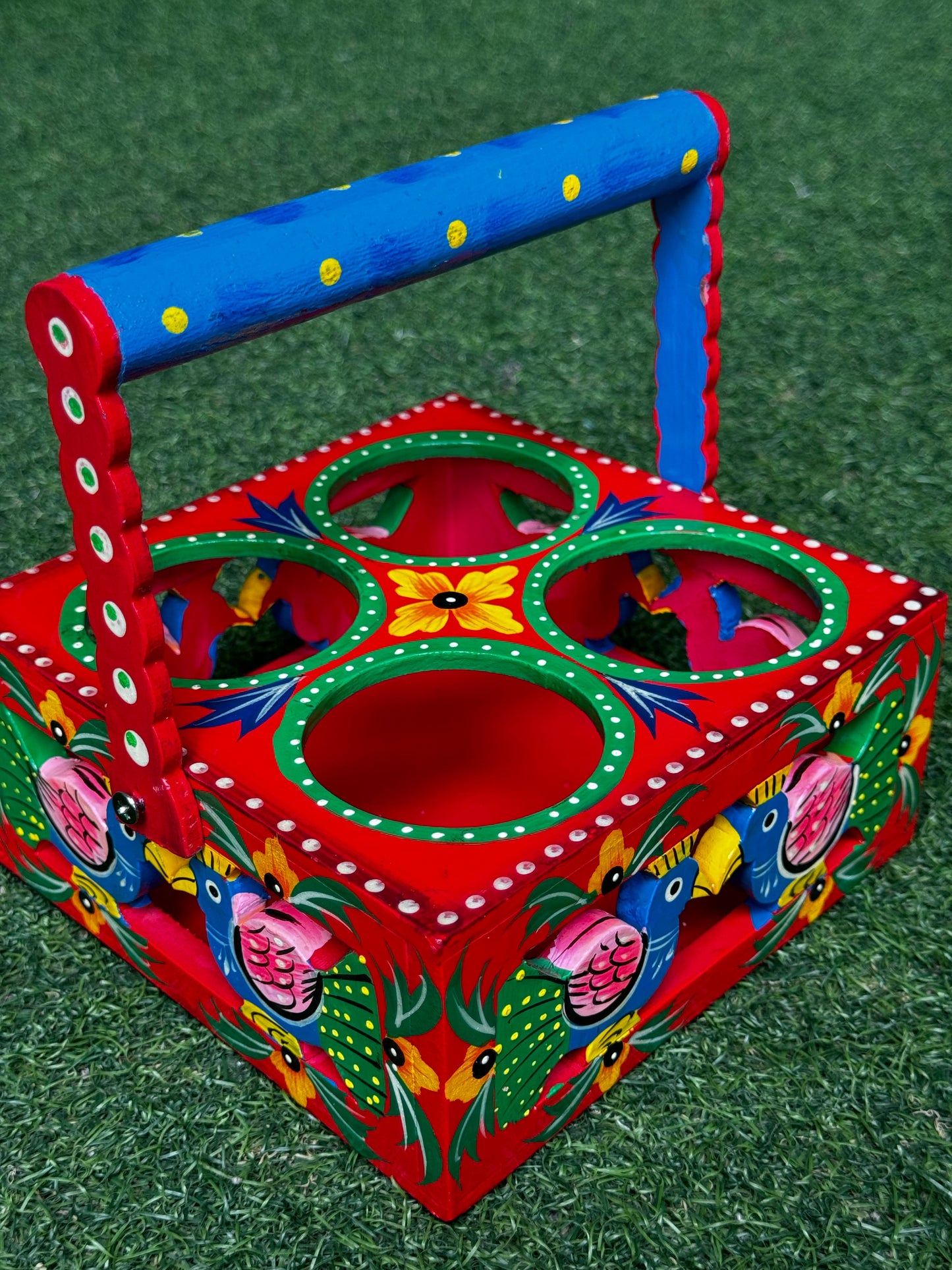 Hand painted wooden glass / tea caddy - 4 holes