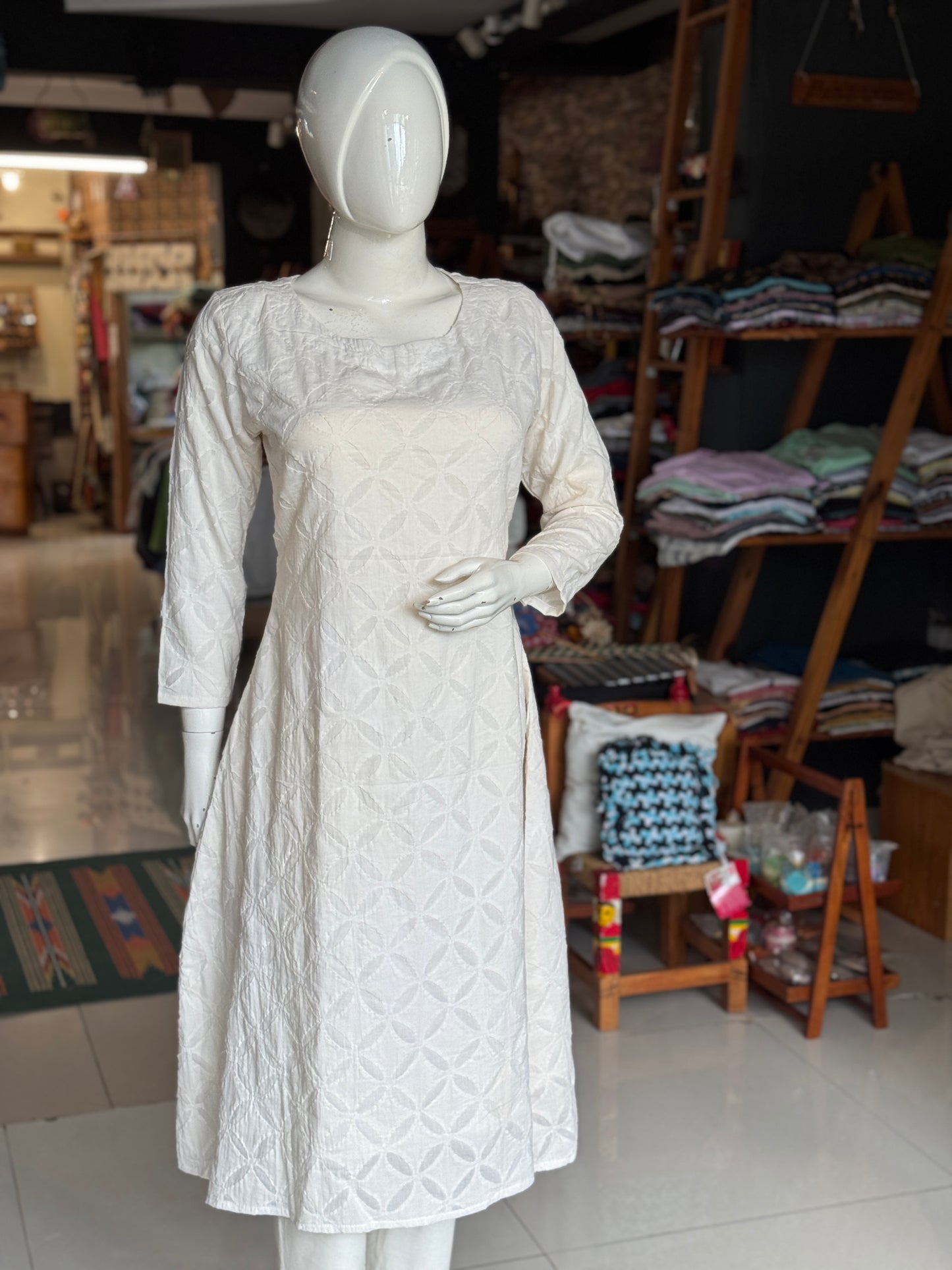 Off White appliq hand crafted cotton A-line kurti