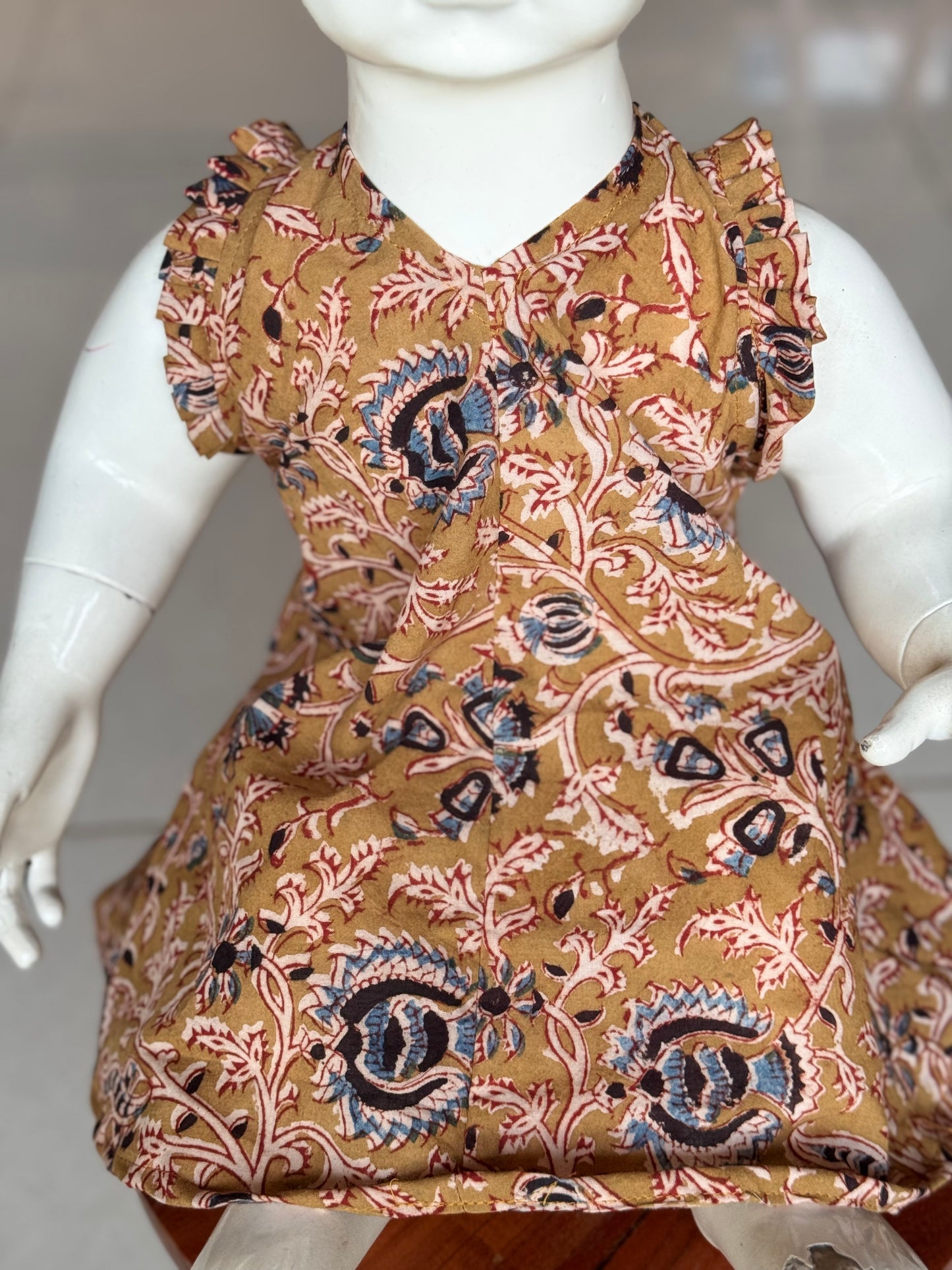 Kalamkari mehendi green hand block printed frock for little girls