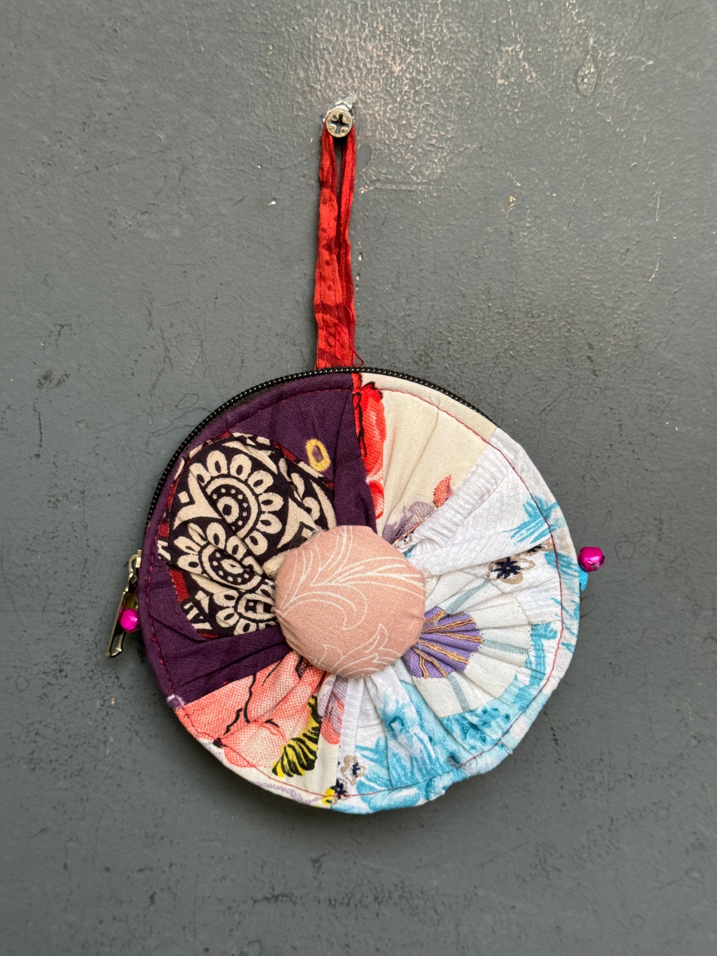 Upcycled handwoven fabric patch work round gifting / coin pouch with zipper closure