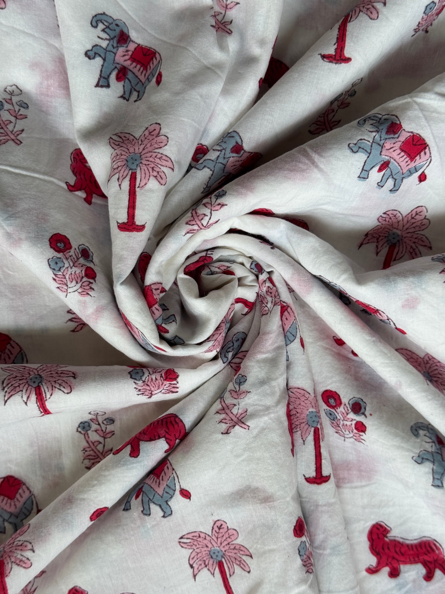 White hand block printed forest theme cotton fabric