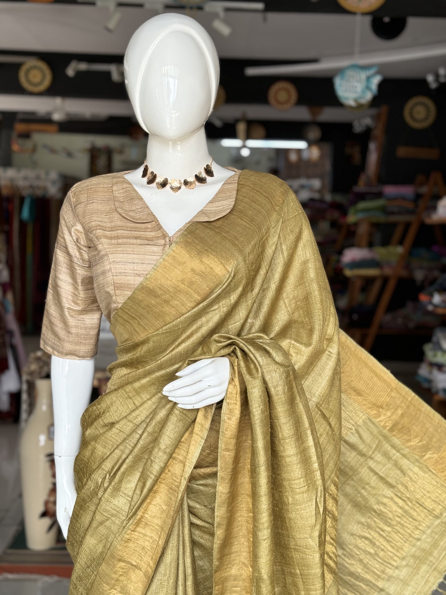 Natural haldi and harad dyed green pure tussar silk handloom saree