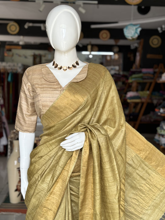 Natural haldi and harad dyed green pure tussar silk handloom saree