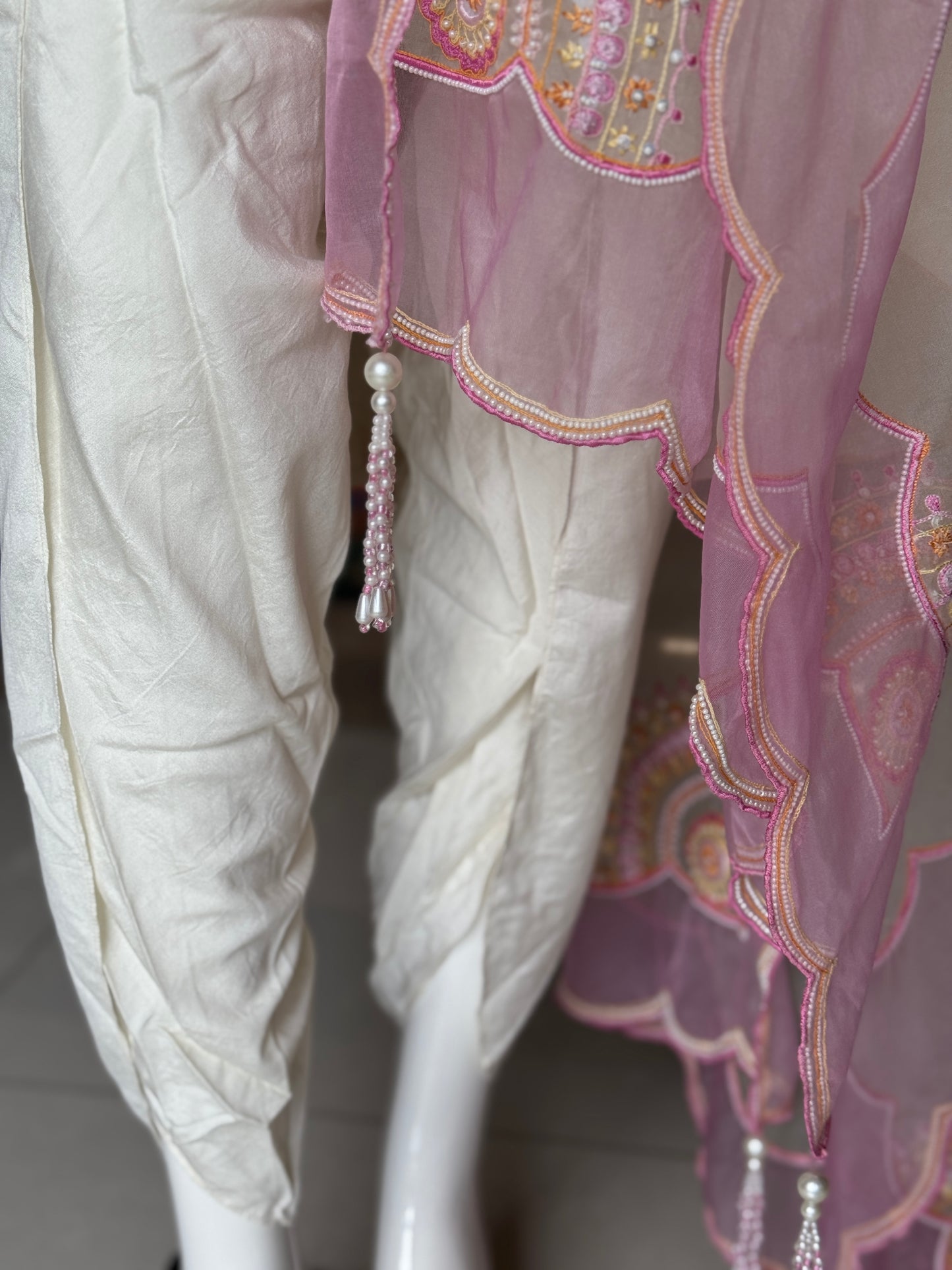 Off white silk cotton embroidered kurta, tulip pants and organza dupatta - 3 piece set