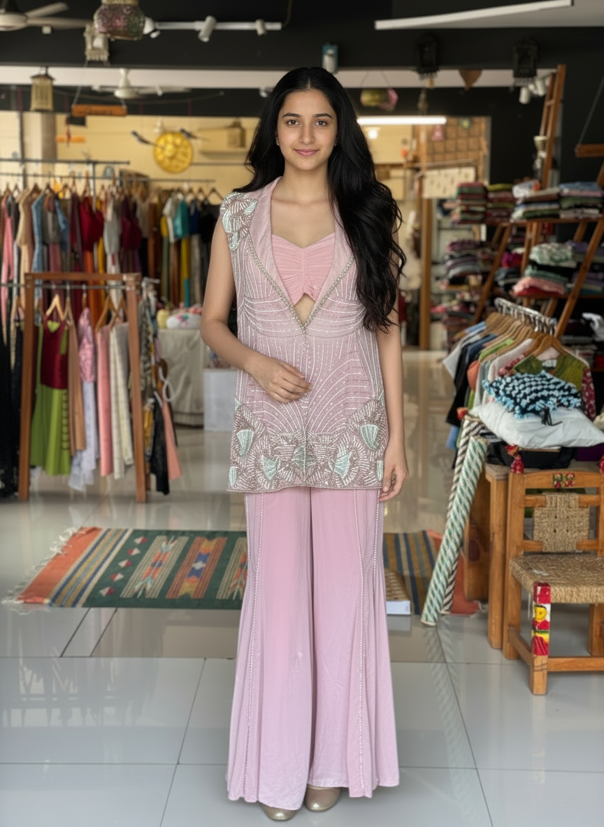 Soft pink wonder - hand embroidered organza jacket, crepe bustier and sharara - 3 piece set