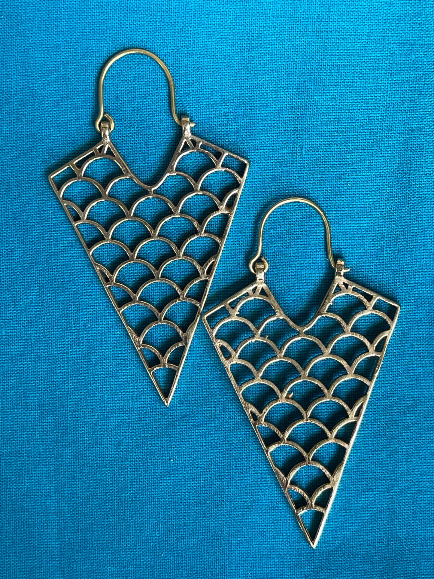 Icecream cone with curvy pattern inside - brass hoops earrings