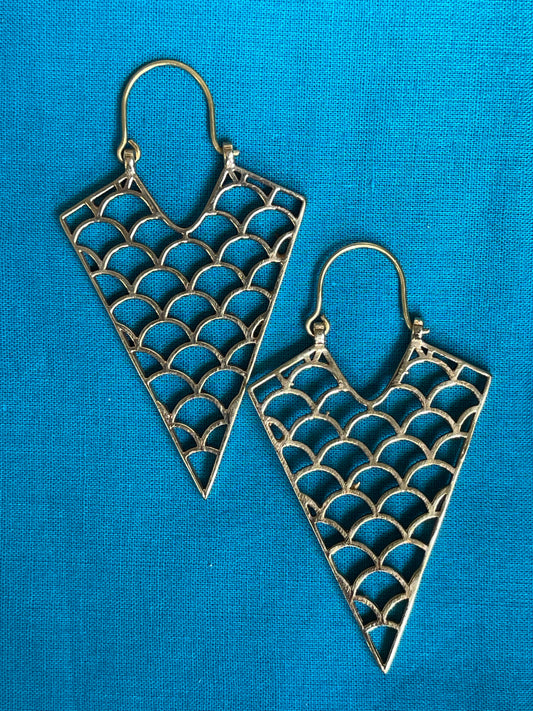 Icecream cone with curvy pattern inside - brass hoops earrings