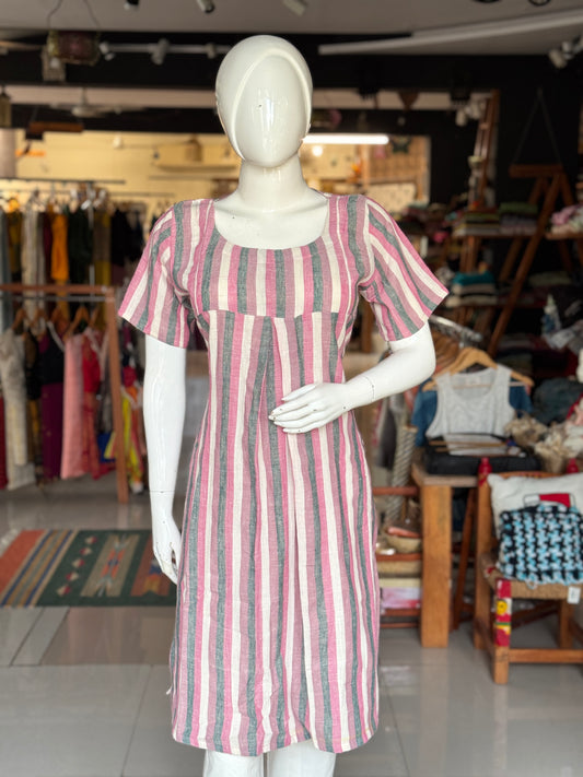 Pink, purple and white stripes kala cotton, handwoven kurti with front pleat