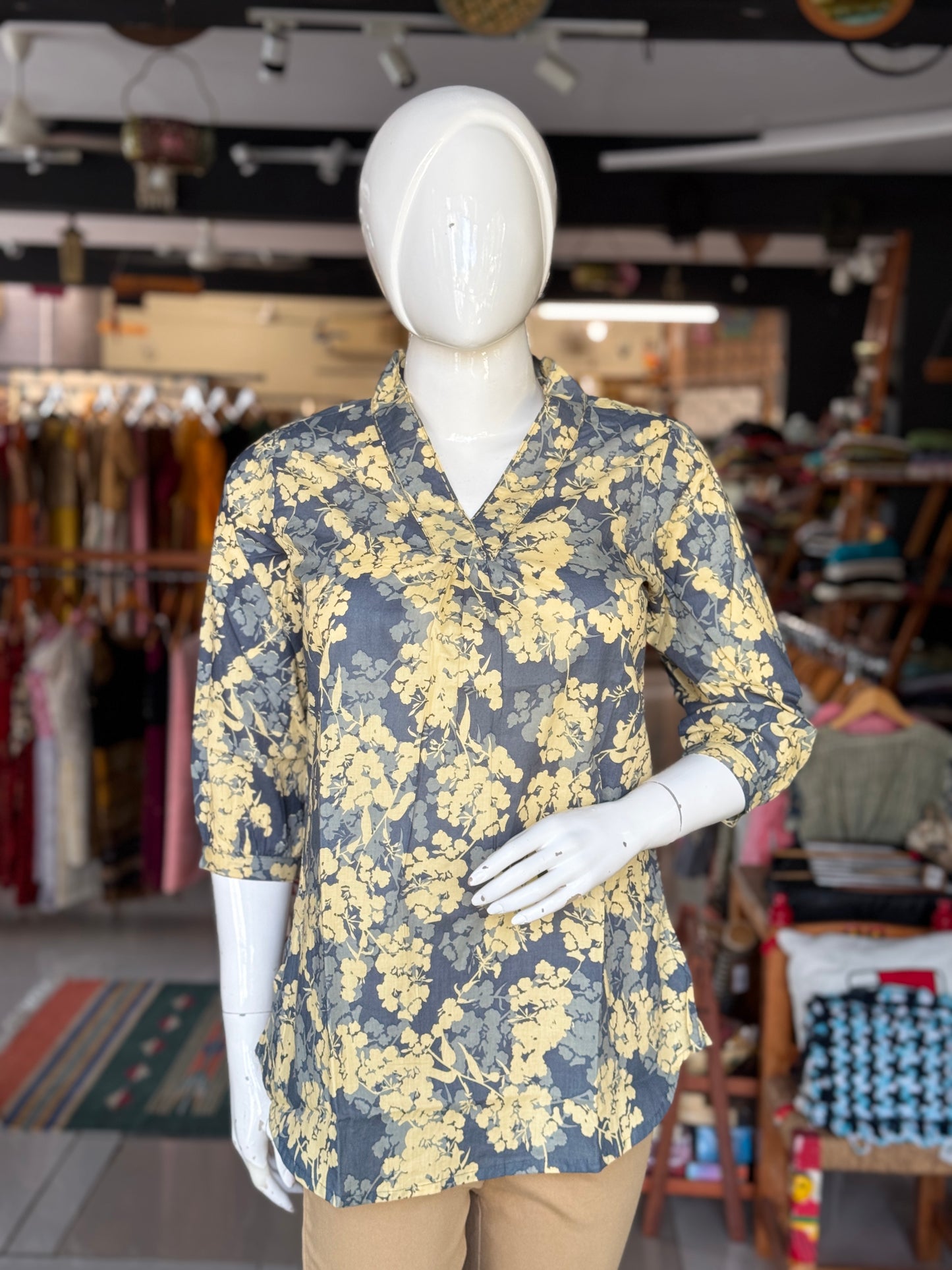 Cotton floral print short top with handwork detailing around neck